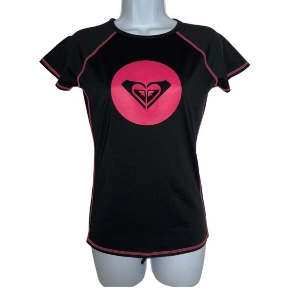 Classic Pink and Black Roxy Fitted Rash Guard, Size Small